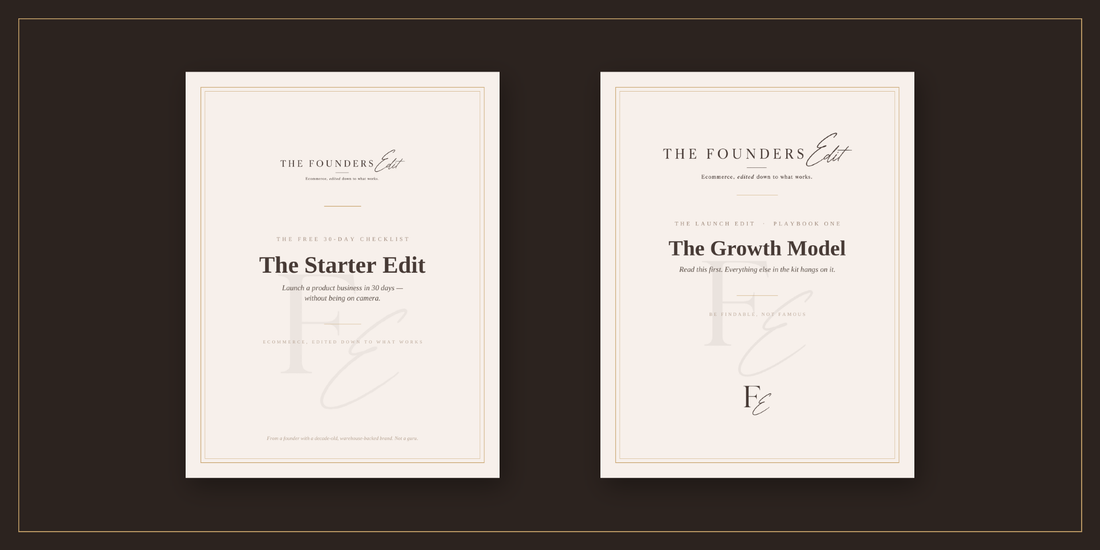 The Founders Edit banner — how to start an online business without being on camera, playbooks for product founders
