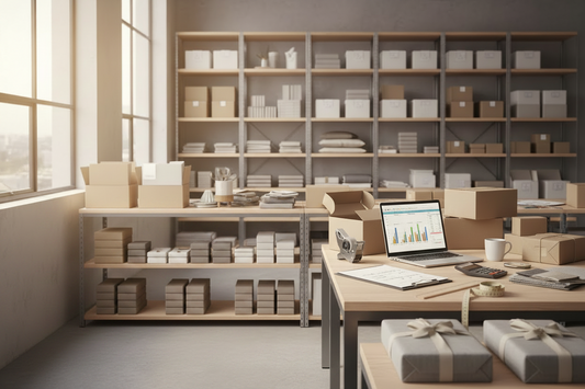 Shipping products in warehouse with shipping supplies, computer and shelving. 