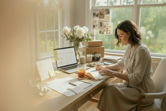  Spines woman working at office taking notes with laptop computer 