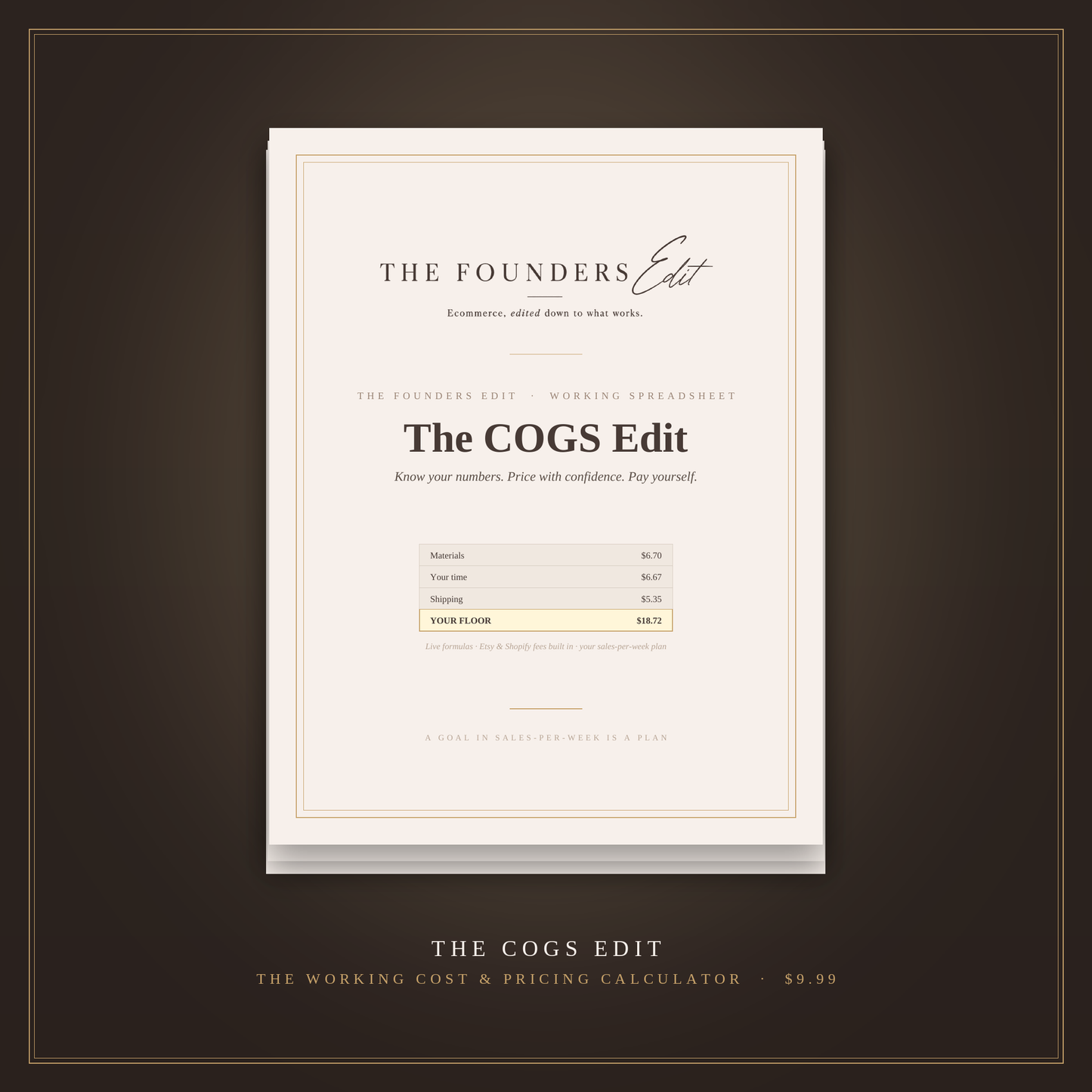 The COGS Edit — cost and pricing calculator spreadsheet for product businesses, cover on espresso background