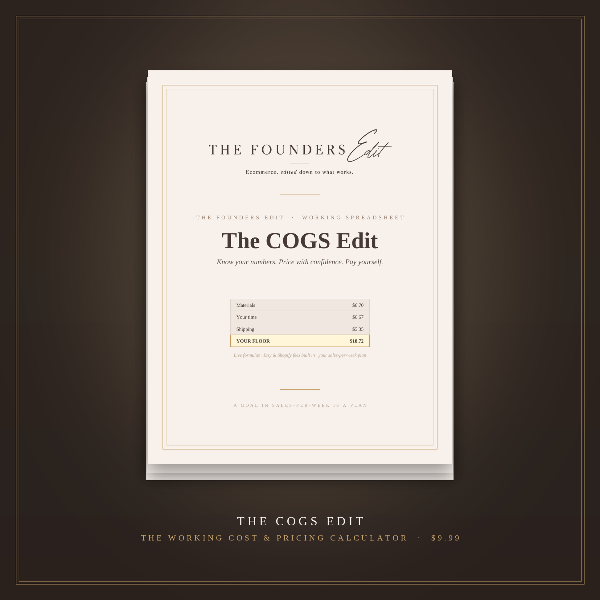 The COGS Edit — cost and pricing calculator spreadsheet for product businesses, cover on espresso background
