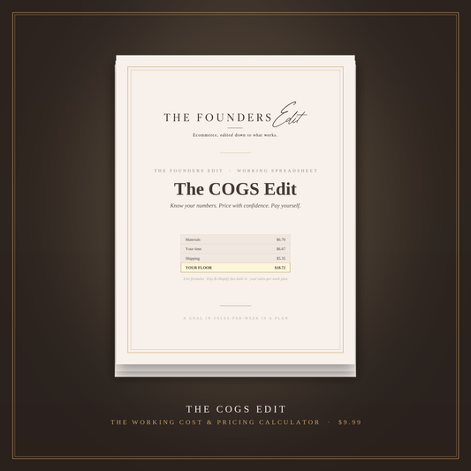 The COGS Edit, cost and pricing calculator spreadsheet for product businesses, cover on espresso background