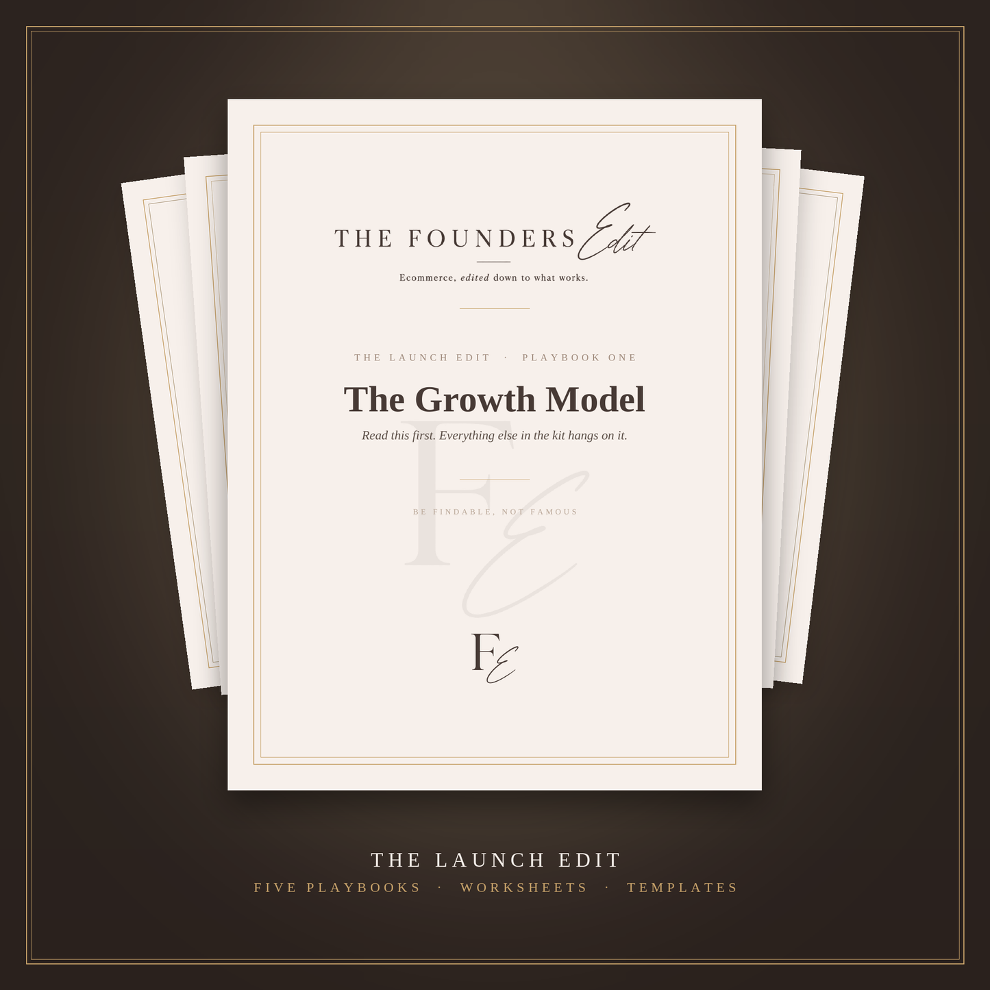 The Launch Edit, five playbook covers for starting a product business without being on camera, on an espresso background