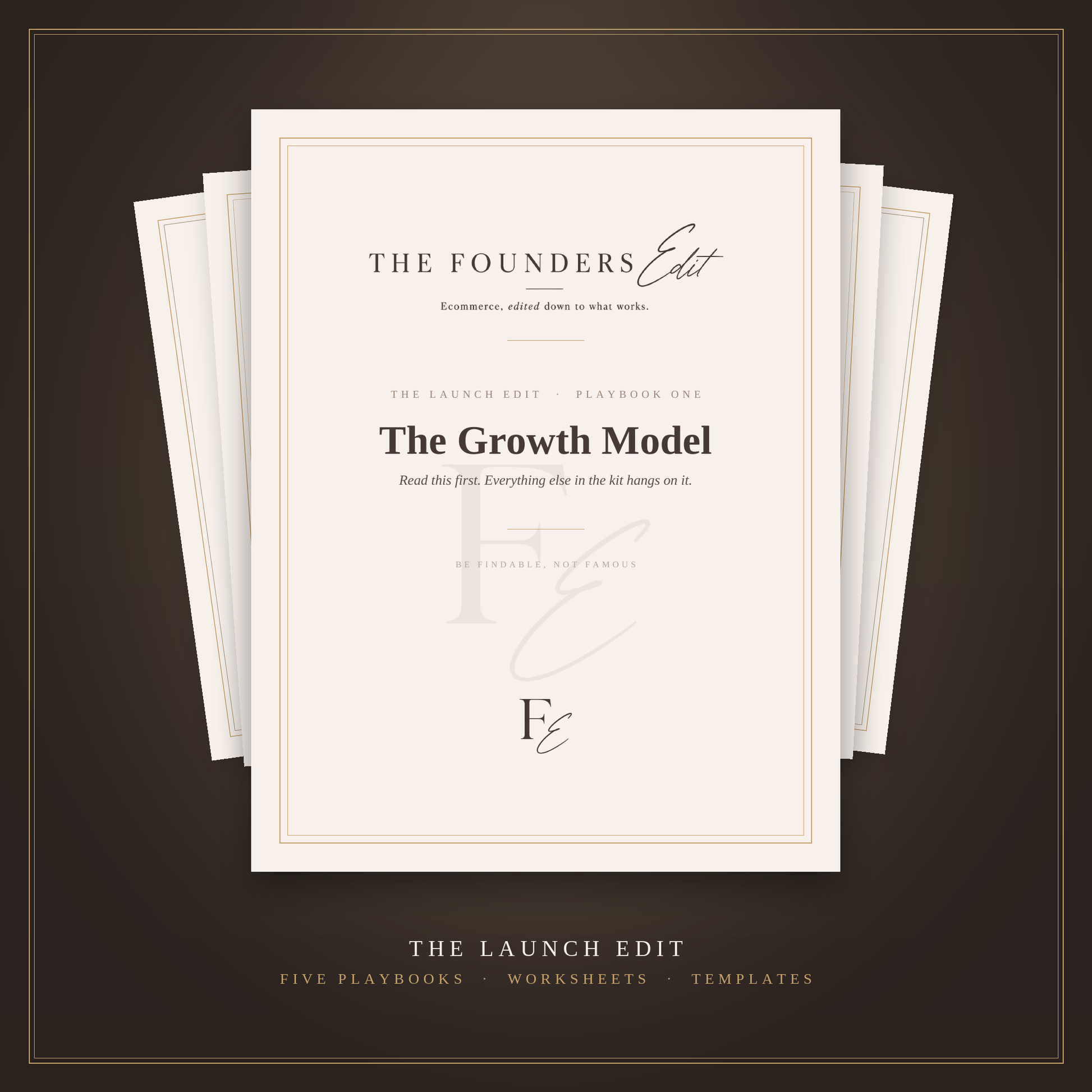 The Launch Edit, five playbook covers for starting a product business without being on camera, on an espresso background
