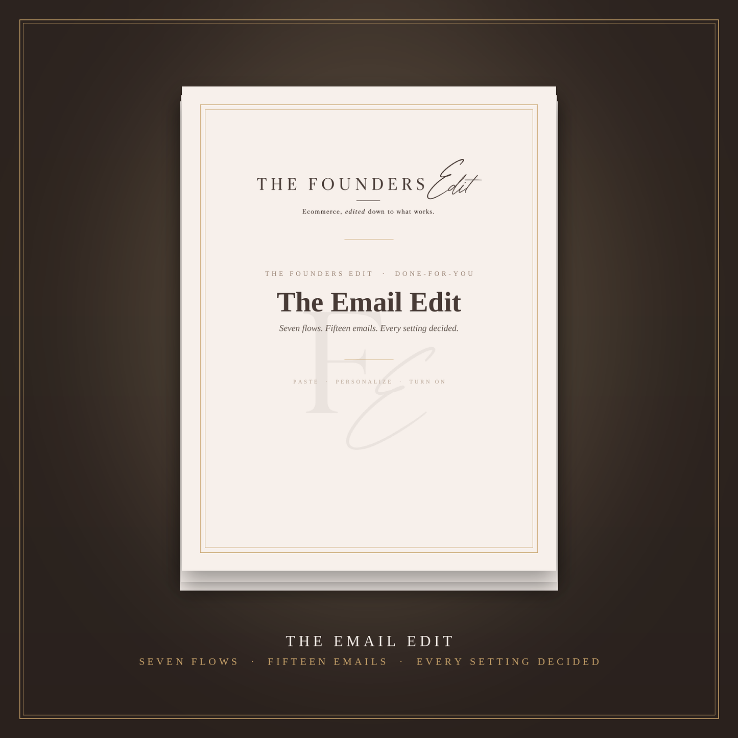 The Email Edit — seven done-for-you email flows for product businesses, cover on espresso background