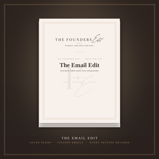 The Email Edit — seven done-for-you email flows for product businesses, cover on espresso background