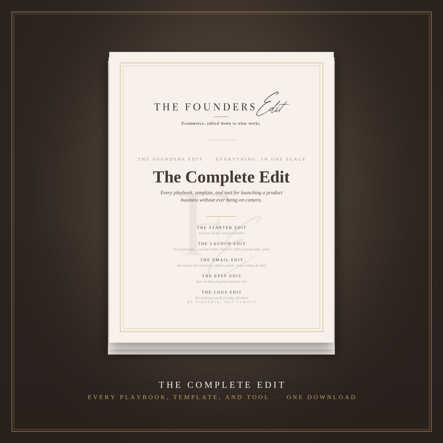 The Complete Edit — every Founders Edit playbook, template, and tool in one download, covers stacked on an espresso background