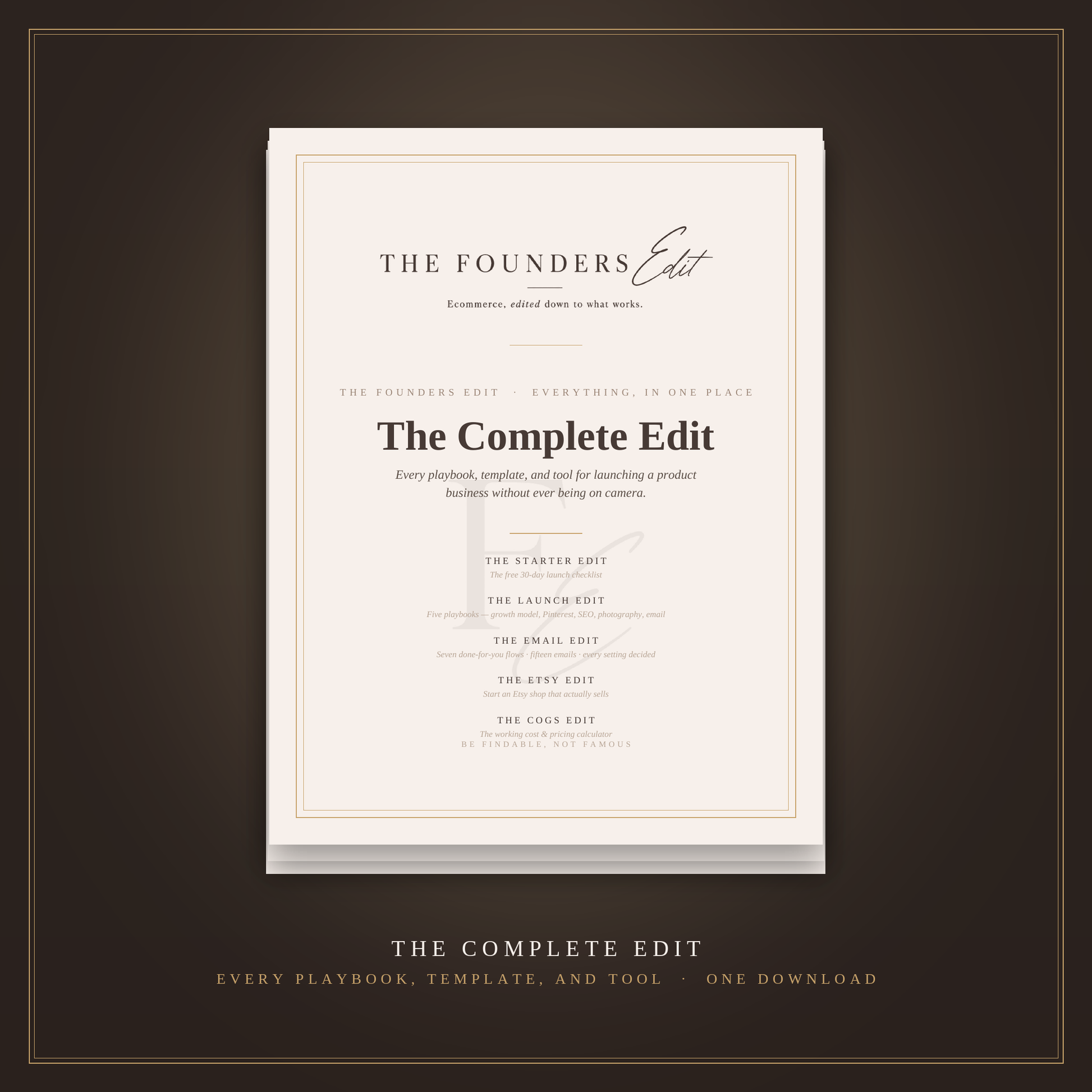 The Complete Edit — every Founders Edit playbook, template, and tool in one download, covers stacked on an espresso background