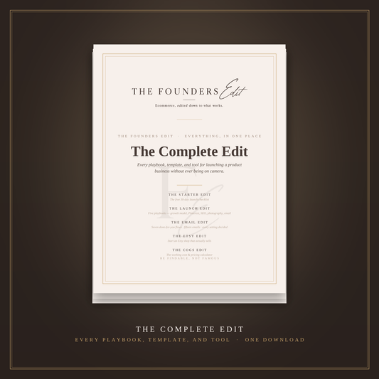 The Complete Edit, every Founders Edit playbook, template, and tool in one download, covers stacked on an espresso background